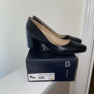 Naturalizer Warner Black Faux Leather Square Toe Block Heel Pumps Size 9.5M